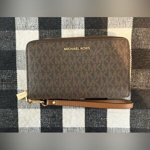 Michael Kors Brown Logo Zip Wristlet with Gold Hardware